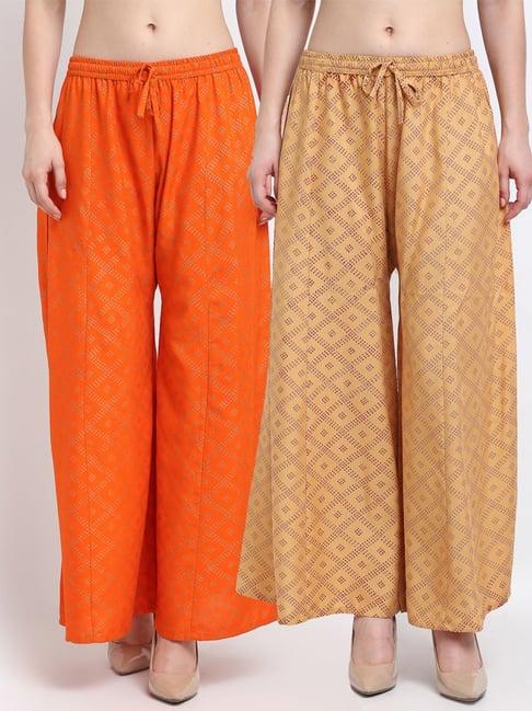 gracit orange & beige printed palazzos - pack of 2