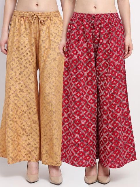 gracit beige & maroon printed palazzos - pack of 2