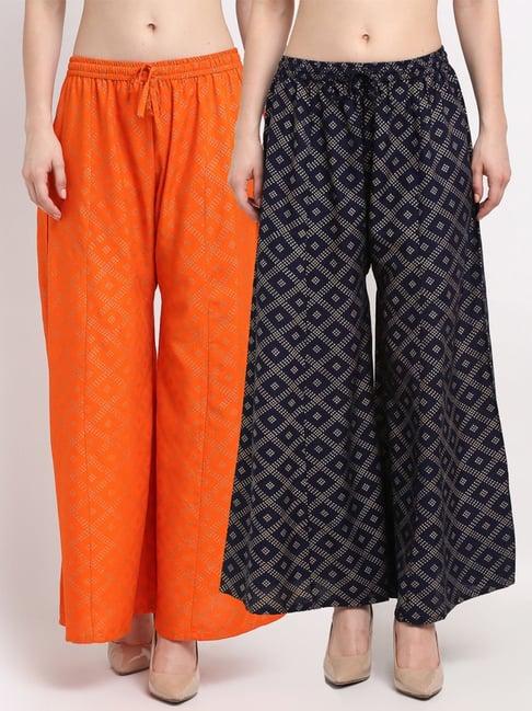 gracit orange & navy printed palazzos - pack of 2