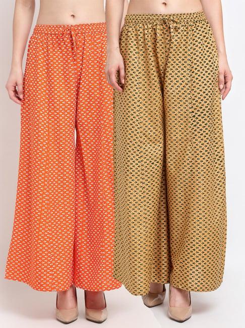 gracit orange & beige printed palazzos - pack of 2