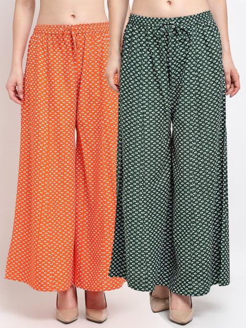 gracit orange & green printed palazzos - pack of 2