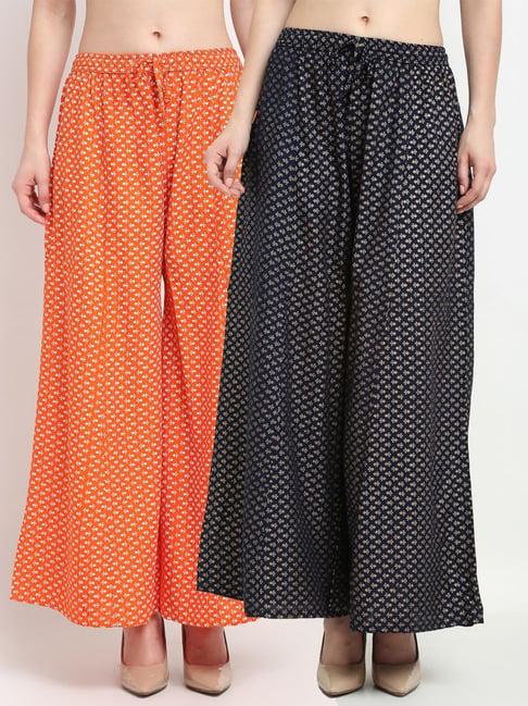 gracit orange & navy printed palazzos - pack of 2