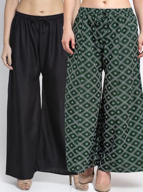 gracit black & green flared fit palazzos - pack of 2