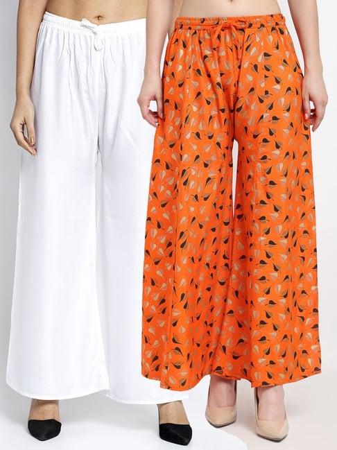 gracit white & orange flared fit palazzos - pack of 2