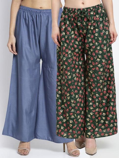 gracit grey & green flared fit palazzos - pack of 2