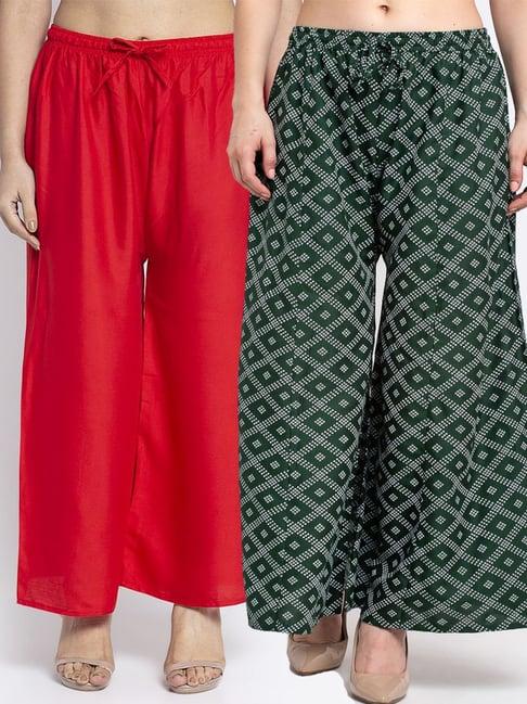 gracit red & green flared fit palazzos - pack of 2