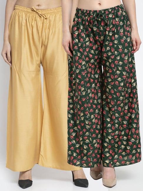 gracit beige & green flared fit palazzos - pack of 2