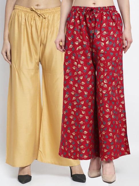 gracit beige & maroon flared fit palazzos - pack of 2