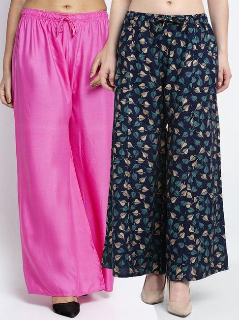 gracit pink & navy flared fit palazzos - pack of 2