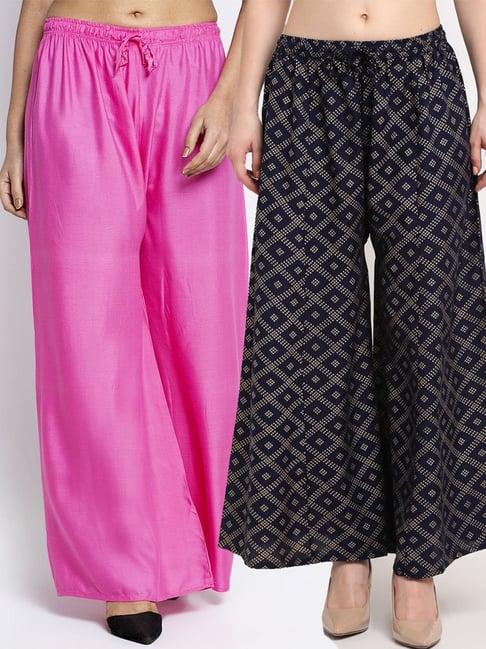 gracit pink & navy flared fit palazzos - pack of 2