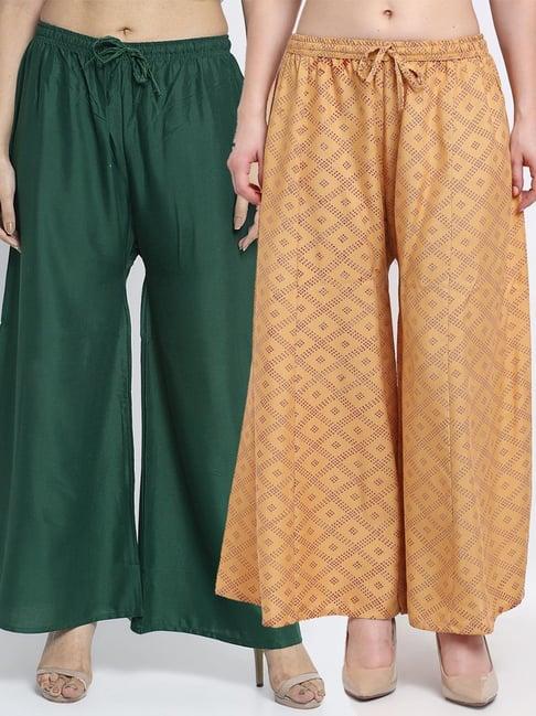 gracit green & beige flared fit palazzos - pack of 2