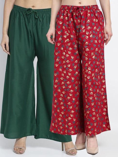 gracit green & maroon flared fit palazzos - pack of 2