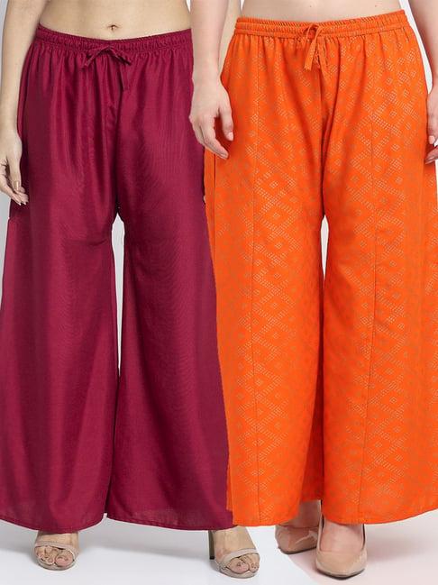 gracit maroon & orange flared fit palazzos - pack of 2