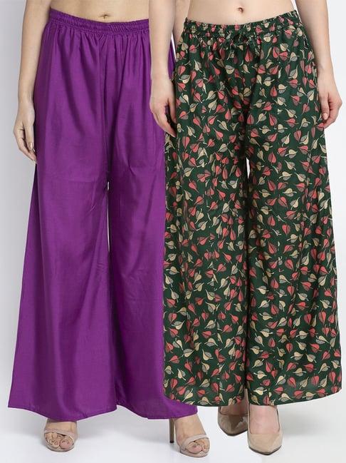 gracit purple & green flared fit palazzos - pack of 2