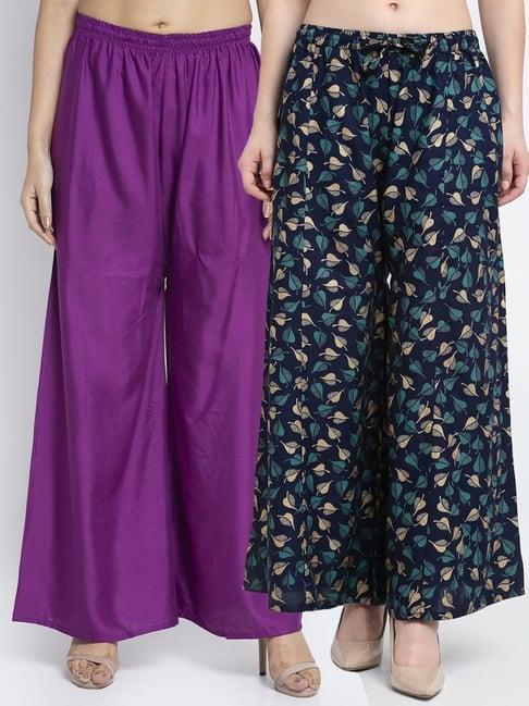 gracit purple & navy flared fit palazzos - pack of 2