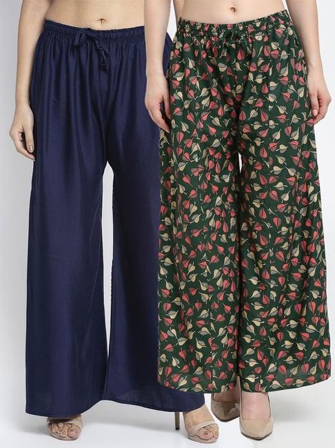 gracit navy & green flared fit palazzos - pack of 2