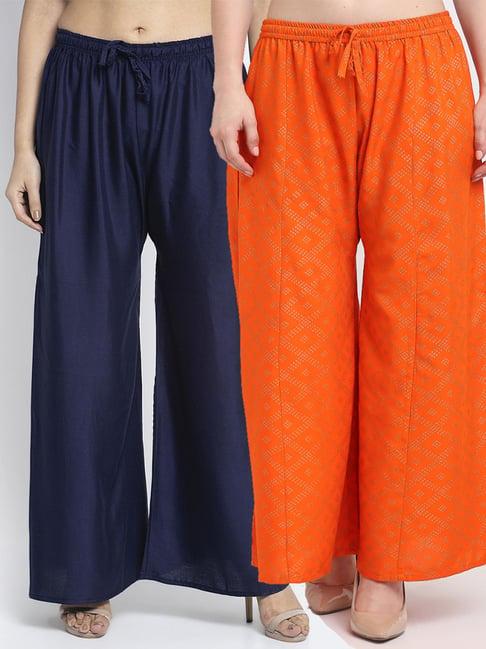 gracit navy & orange flared fit palazzos - pack of 2