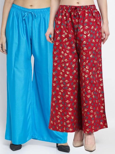 gracit turquoise & maroon flared fit palazzos - pack of 2