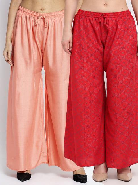 gracit peach & red flared fit palazzos - pack of 2