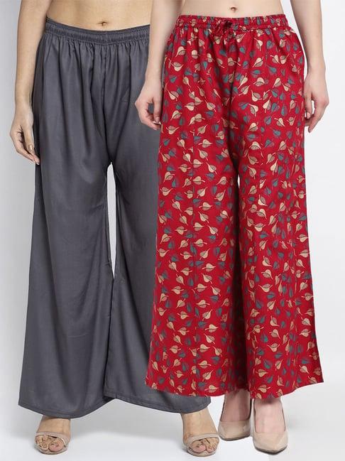 gracit grey & maroon flared fit palazzos - pack of 2