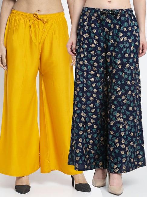 gracit yellow & navy flared fit palazzos - pack of 2