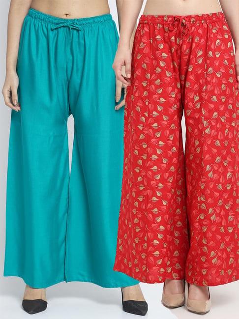 gracit turquoise & red flared fit palazzos - pack of 2