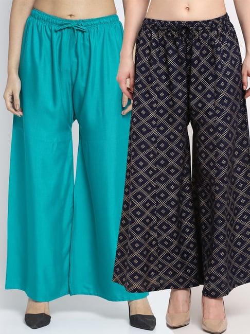 gracit turquoise & navy flared fit palazzos - pack of 2