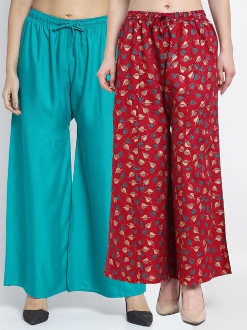 gracit turquoise & maroon flared fit palazzos - pack of 2