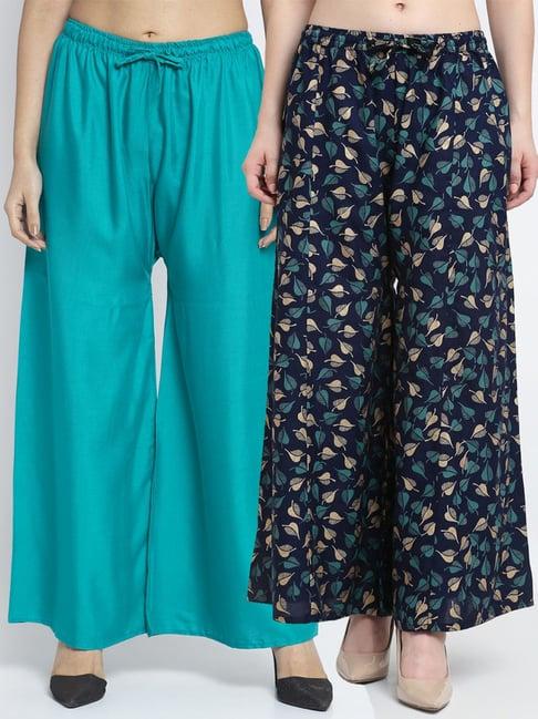 gracit turquoise & navy flared fit palazzos - pack of 2