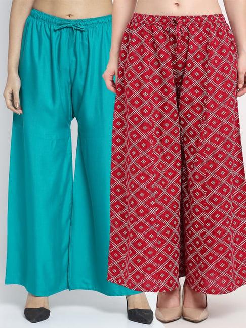 gracit turquoise & maroon flared fit palazzos - pack of 2