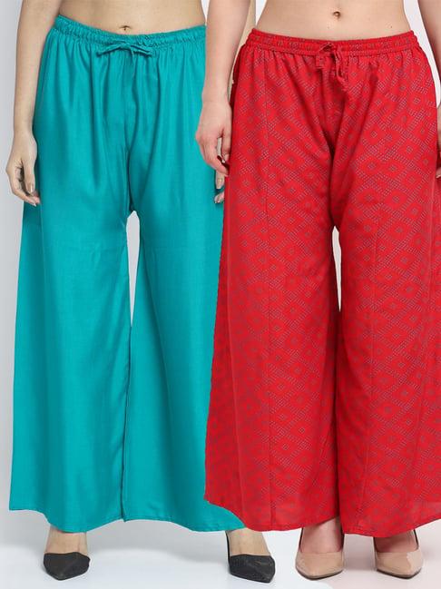 gracit turquoise & red flared fit palazzos - pack of 2