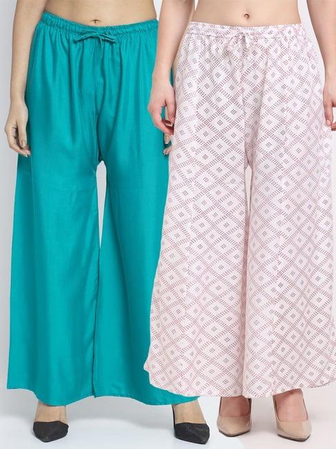 gracit turquoise & white flared fit palazzos - pack of 2