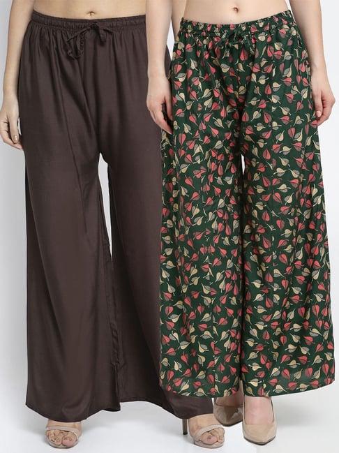 gracit brown & green flared fit palazzos - pack of 2