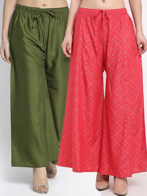 gracit green & pink flared fit palazzos - pack of 2