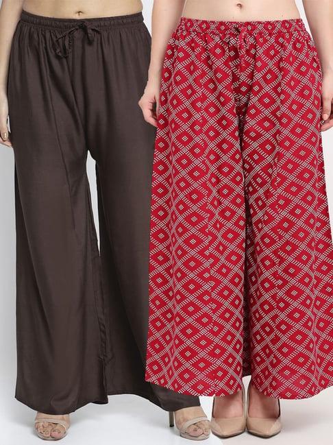 gracit brown & maroon flared fit palazzos - pack of 2