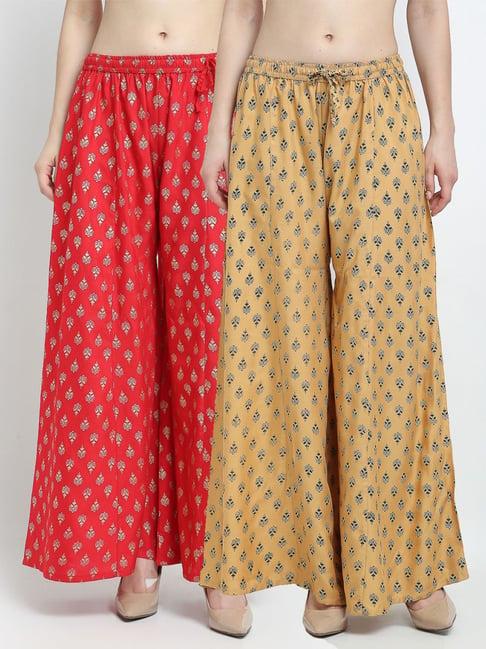 gracit red & beige printed palazzos - pack of 2