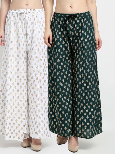 gracit white & green printed palazzos - pack of 2