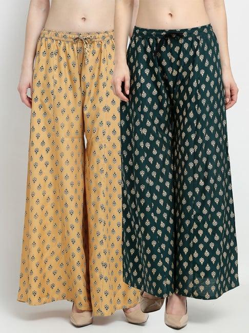 gracit beige & green printed palazzos - pack of 2