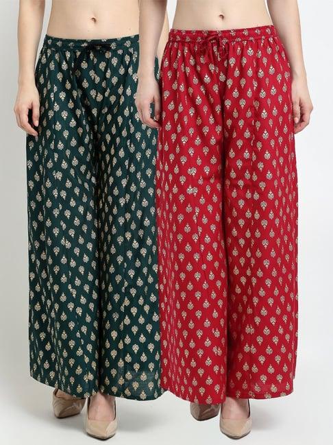 gracit green & navy printed palazzos - pack of 2