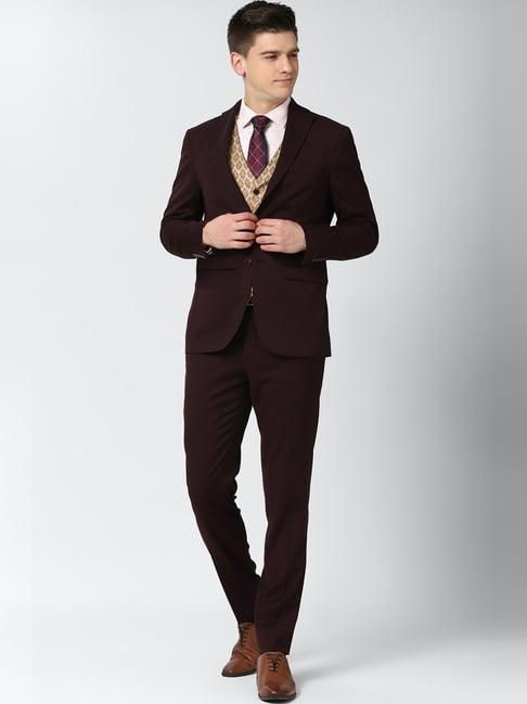 peter england brown slim fit three piece suit