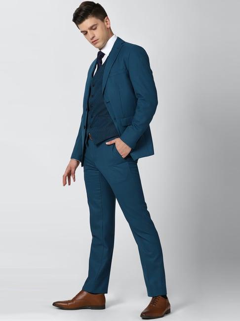 peter england teal blue slim fit three piece suit