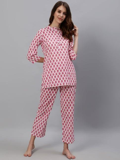 women white ethnic printed cotton loungewear set with side pockets