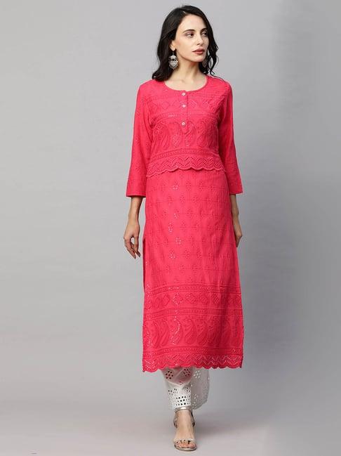 fashor pink chikankari kurta with mask