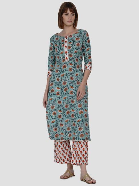 women republic green & white cotton printed kurta palazzo set