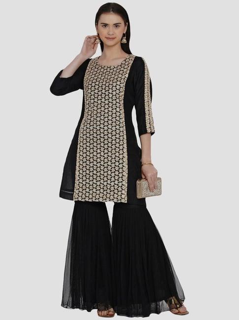 women republic black embroidered kurti sharara set