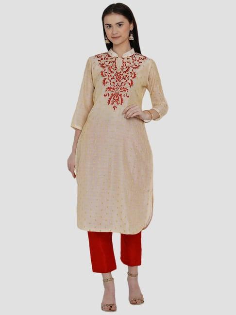 women republic beige & red embroidered kurta pant set