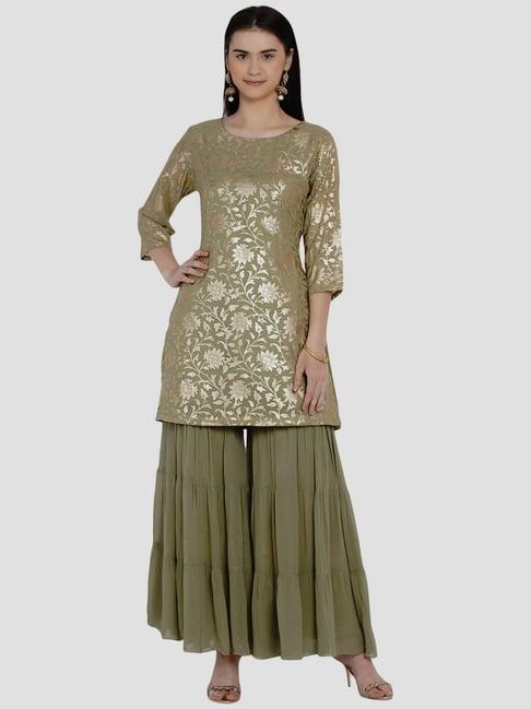 women republic green printed kurti sharara set