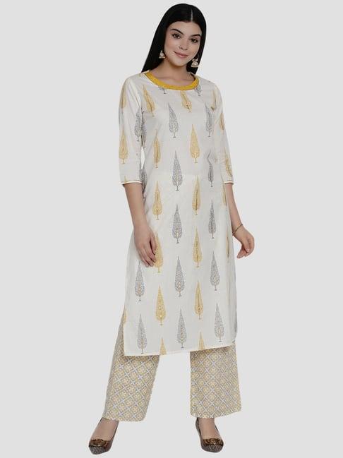 women republic beige & white cotton printed kurta palazzo set