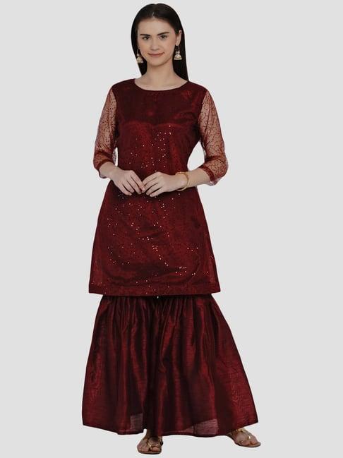 women republic maroon embellished kurti sharara set