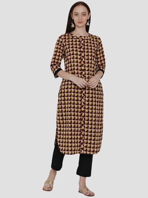 women republic yellow & black cotton chequered kurta pant set